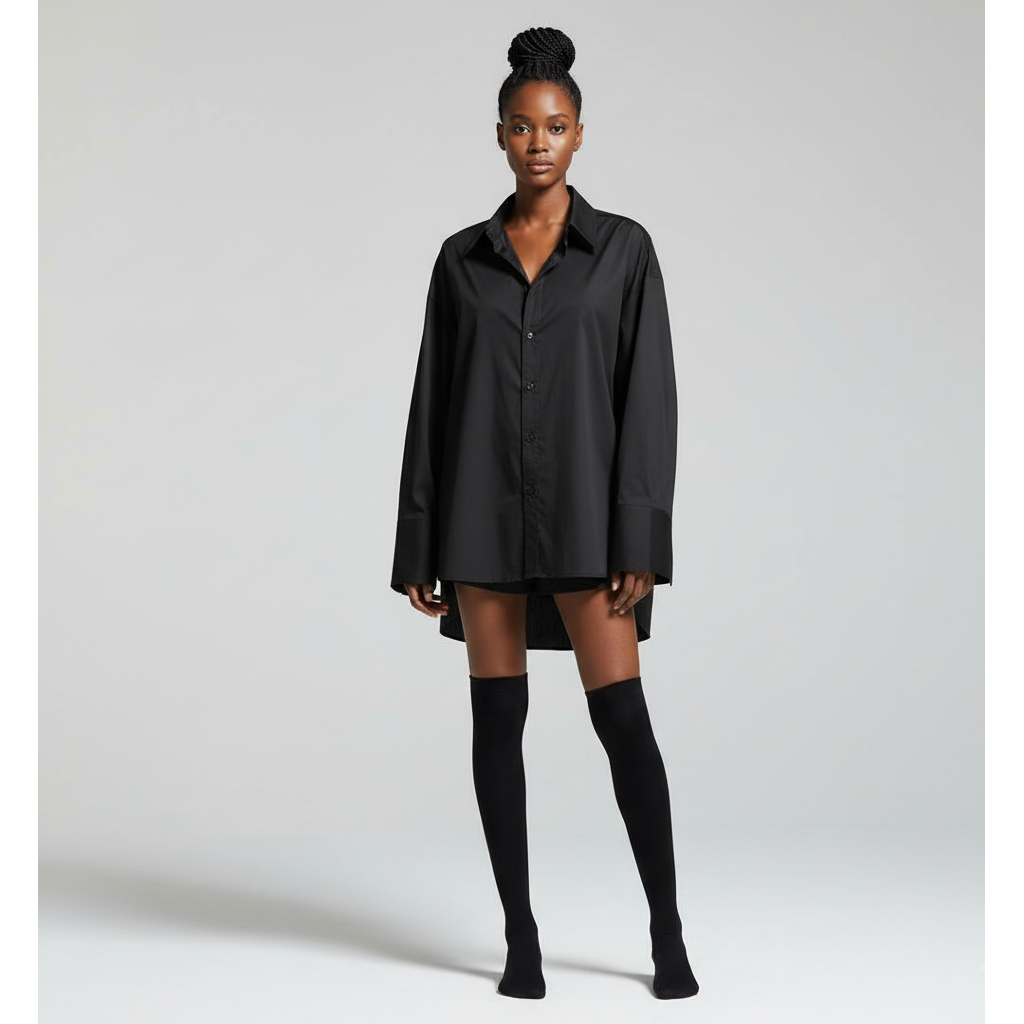 Person wearing a black shirt dress and knee-high black socks on a white background