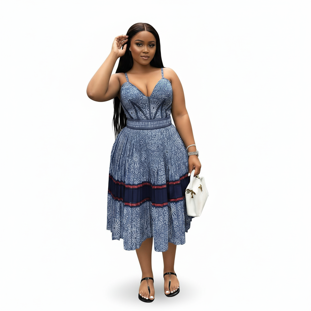 African Ankara Traditional Pleated Midi Dress