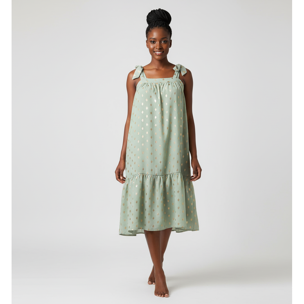 Woman wearing a green polka dot dress on a white background