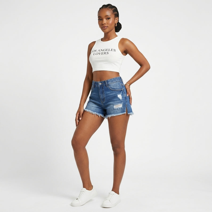High-Waisted Frayed-Hem Denim Shorts