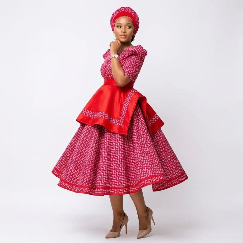 Red Printed Peplum Puff Sleeve Traditional Midi Dress