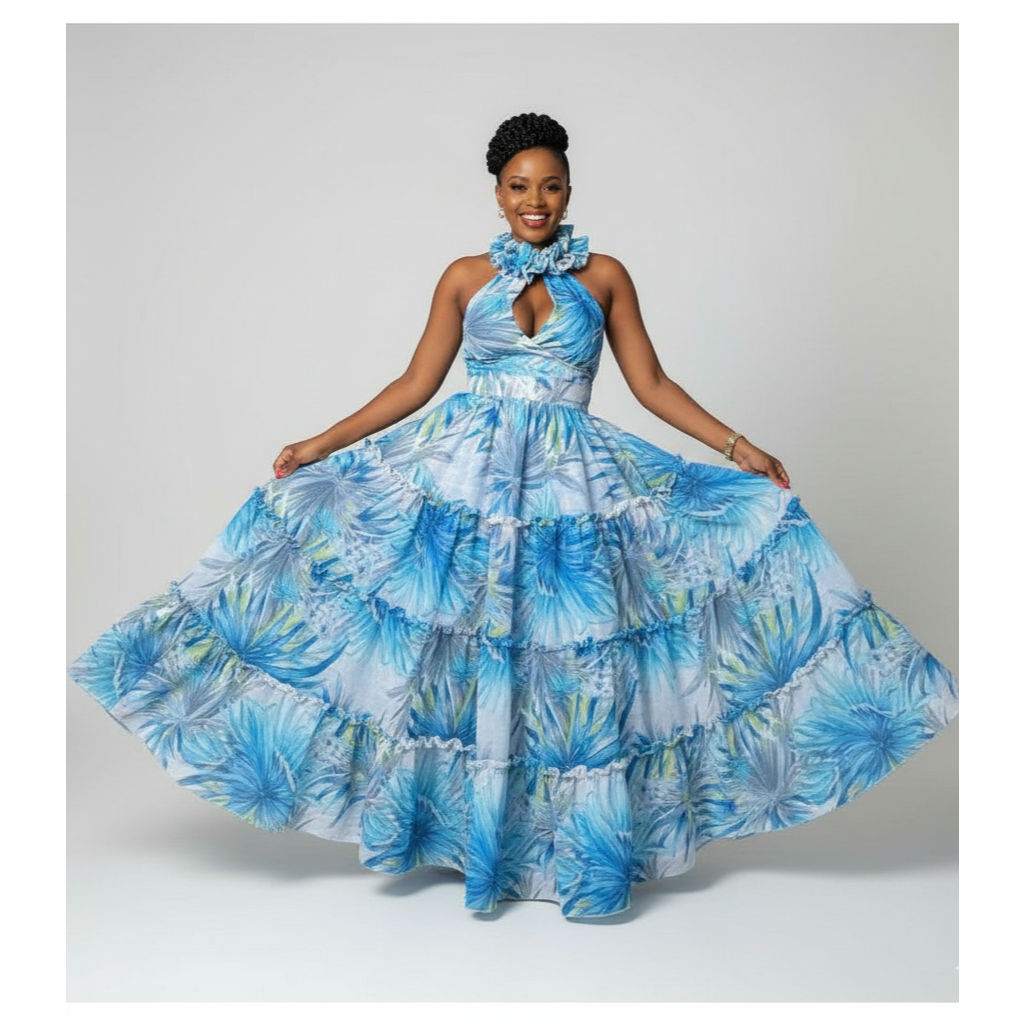 Woman wearing a blue floral dress on a white background