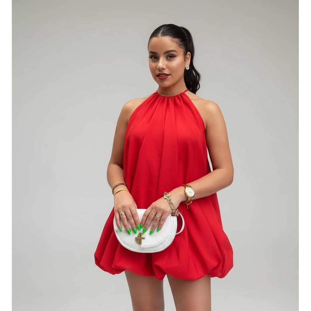 Woman in a red dress holding a white clutch against a gray background