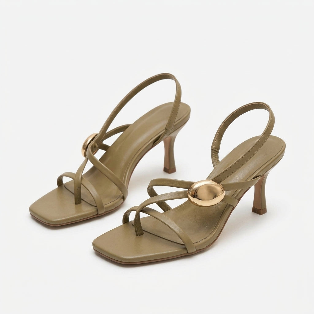 Women's Square-Toe Strappy Heel Sandals with Metallic Detail