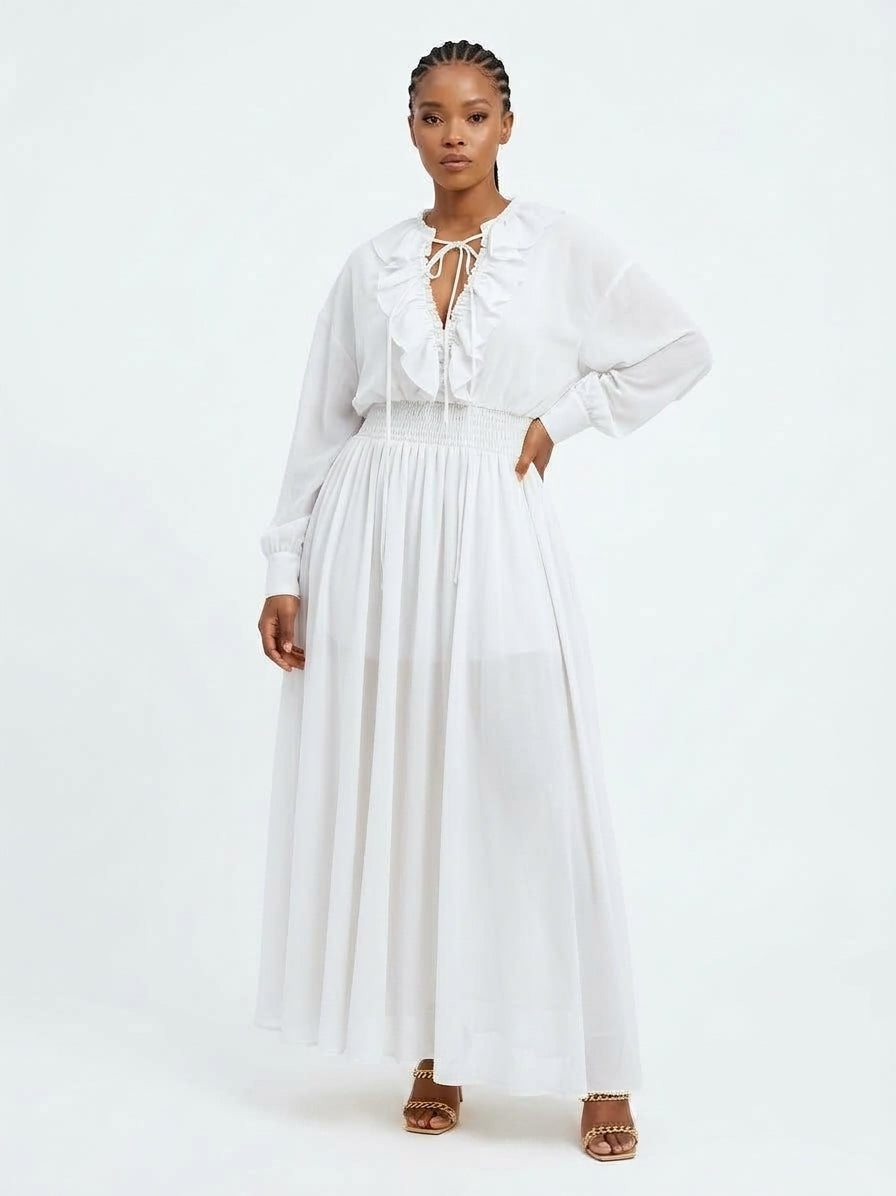 Lace-Detail Ruffled Chiffon Top and Skirt Set