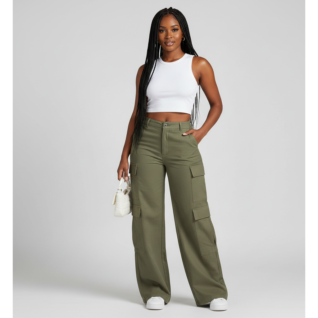 Woman wearing green cargo pants and a white top on a gray background