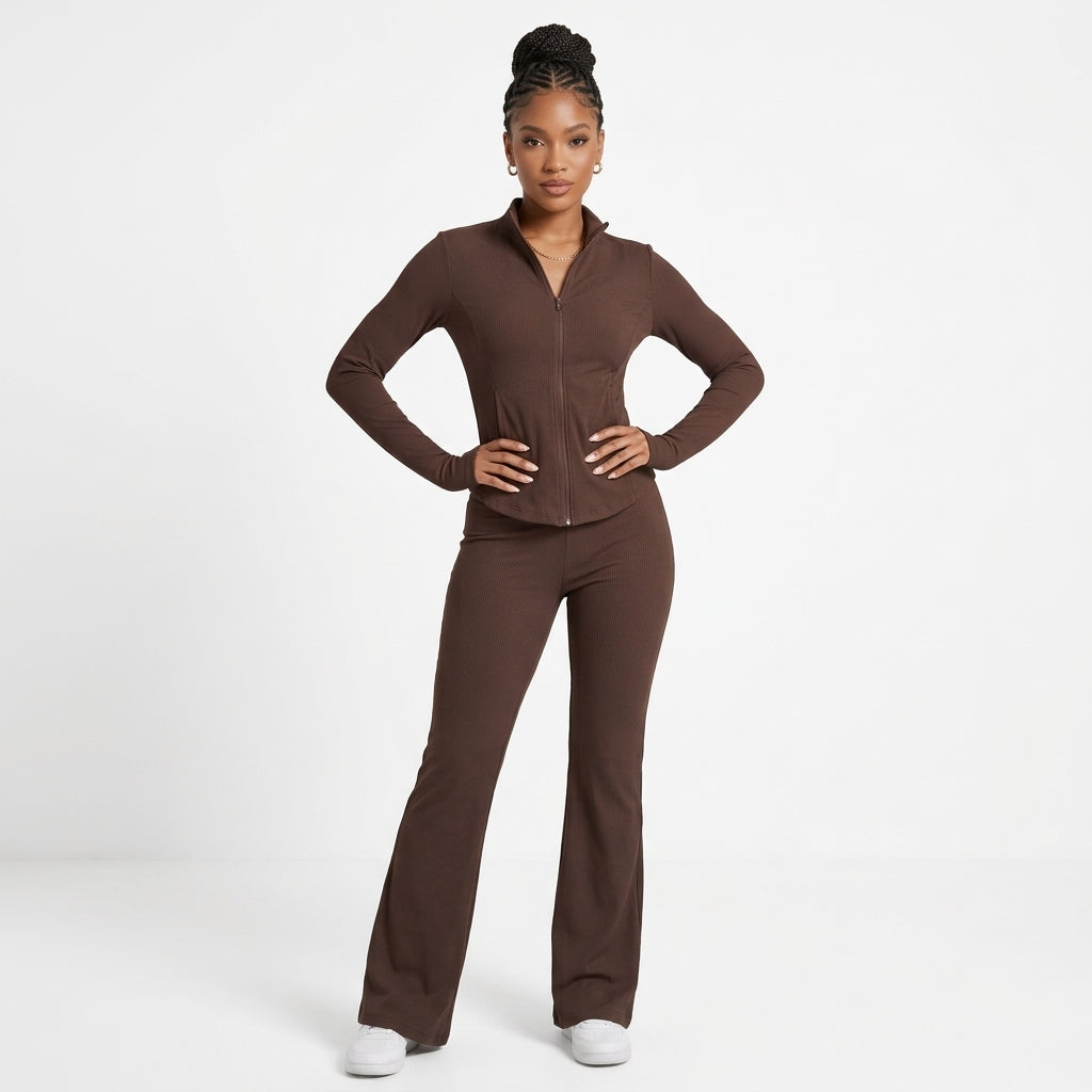 Women's Silky-Feel Jacket & Flared Pants Two-Piece Set