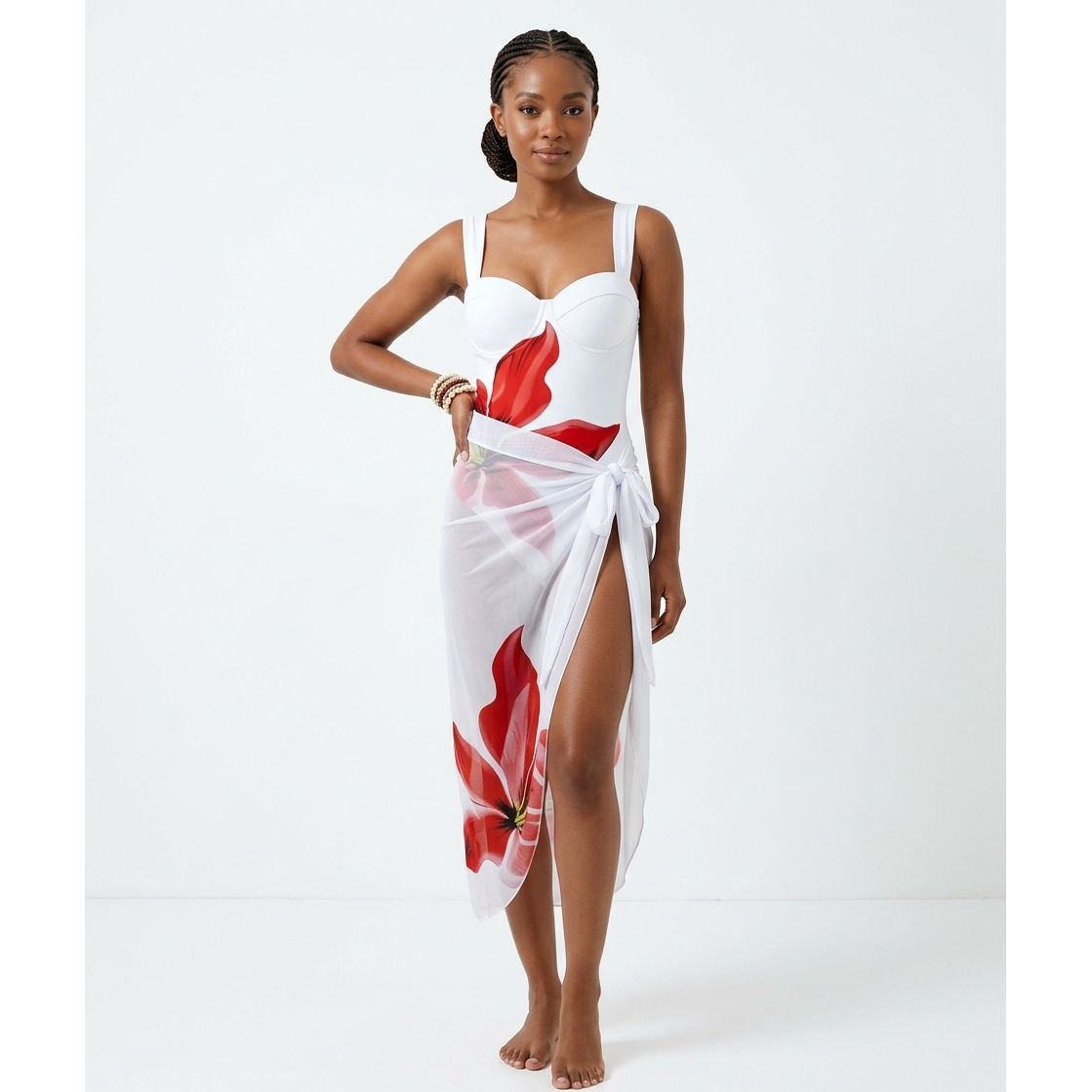 Plus Size Floral One-Piece Swimsuit with Matching Sarong