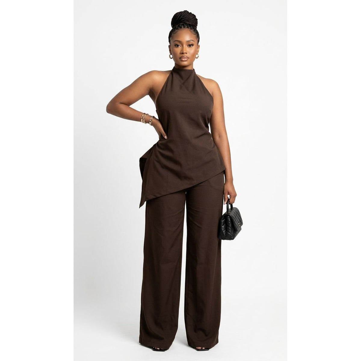 Asymmetric Halter Top and Wide-Leg Trousers Two-Piece Set