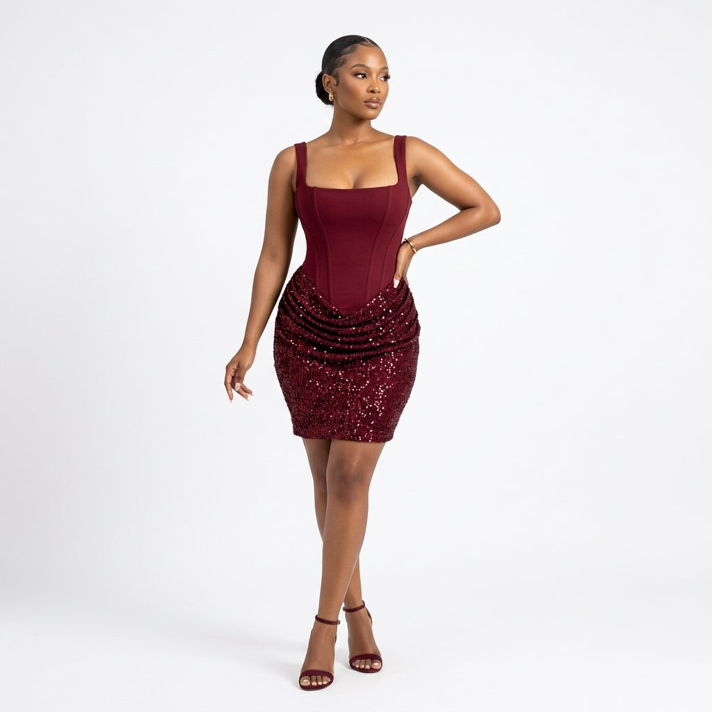 Corset-Style Bodycon Mini Dress with Sequin-Draped Skirt