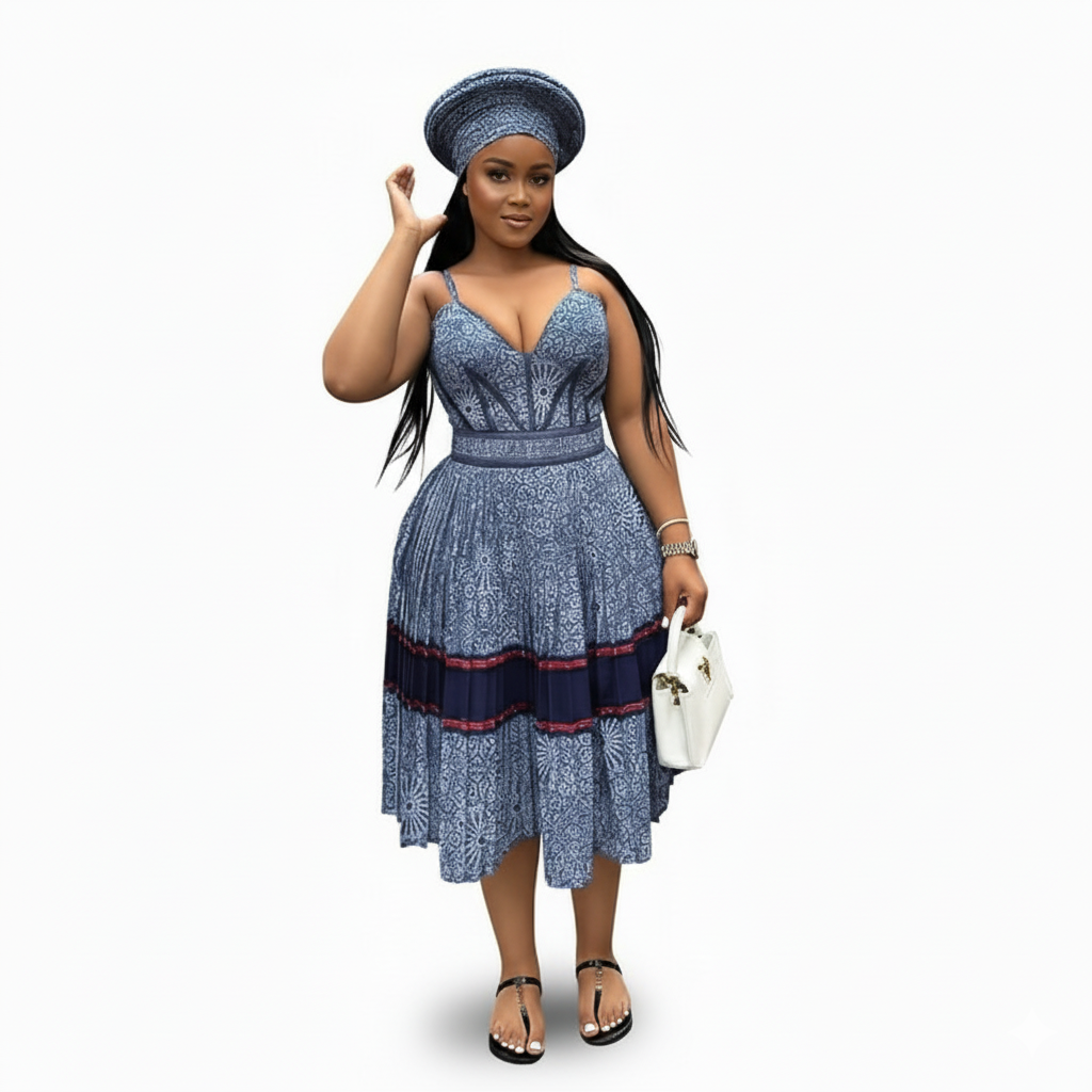 Woman wearing a blue patterned dress and headscarf on a white background