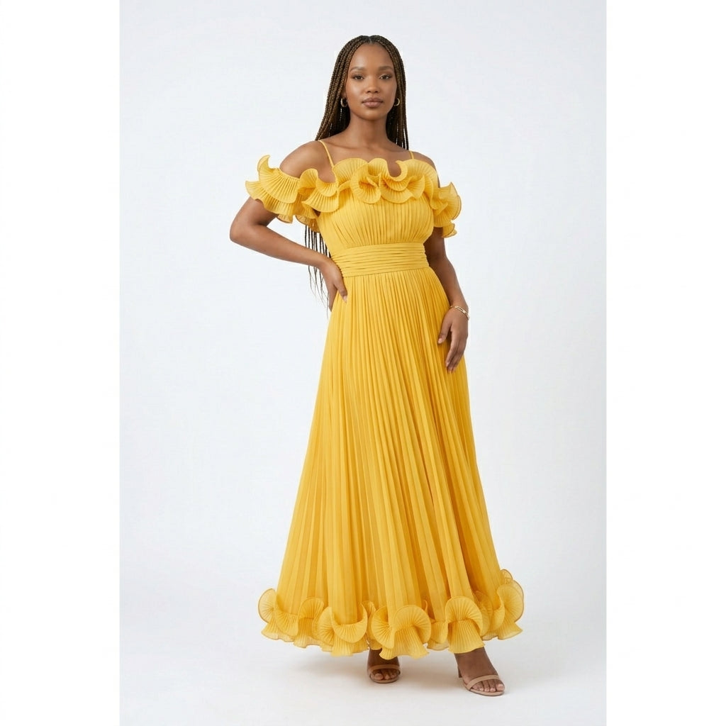 Women's Cold-Shoulder Pleated Maxi Dress with Ruffle Trim