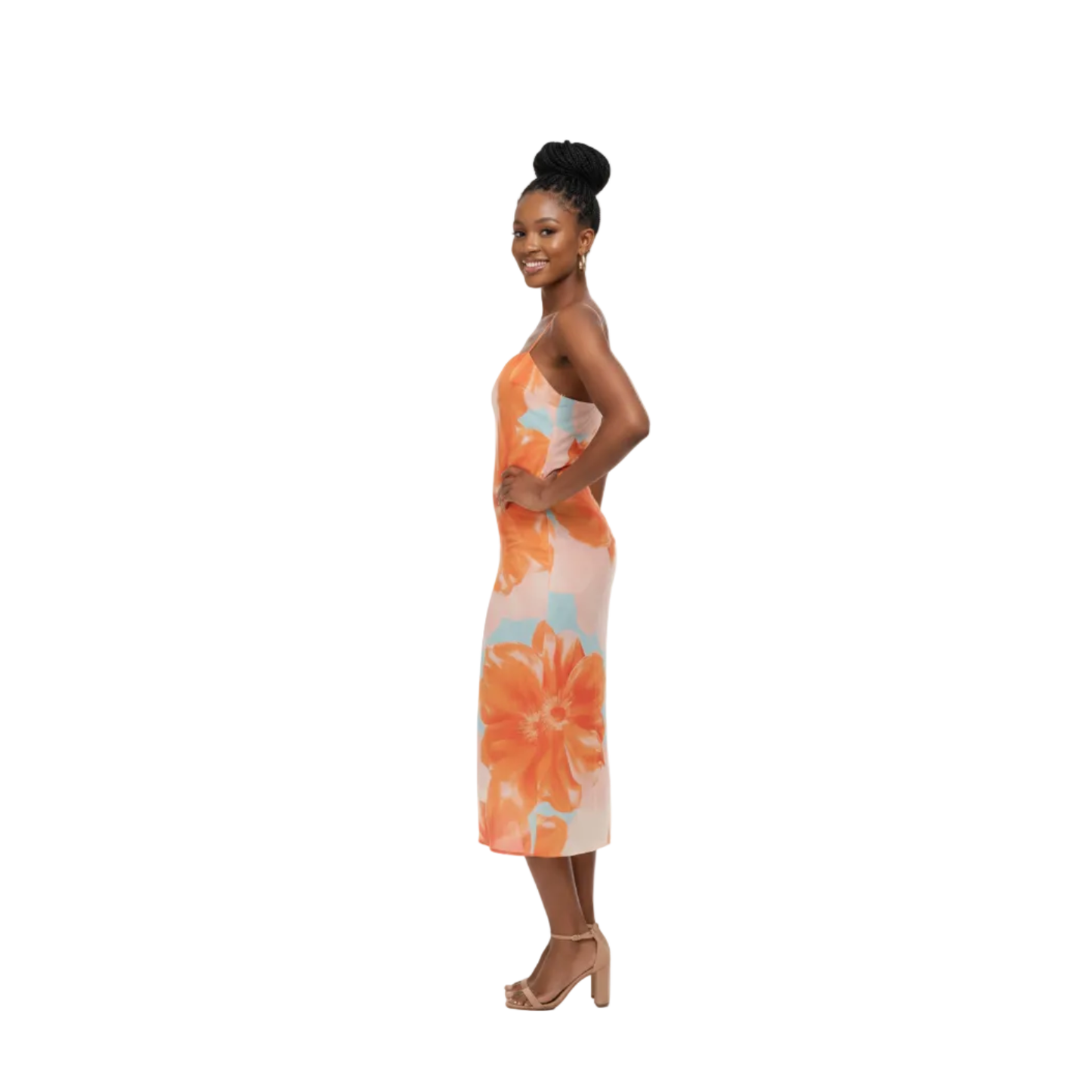 Orange Floral Mesh Midi Dress
