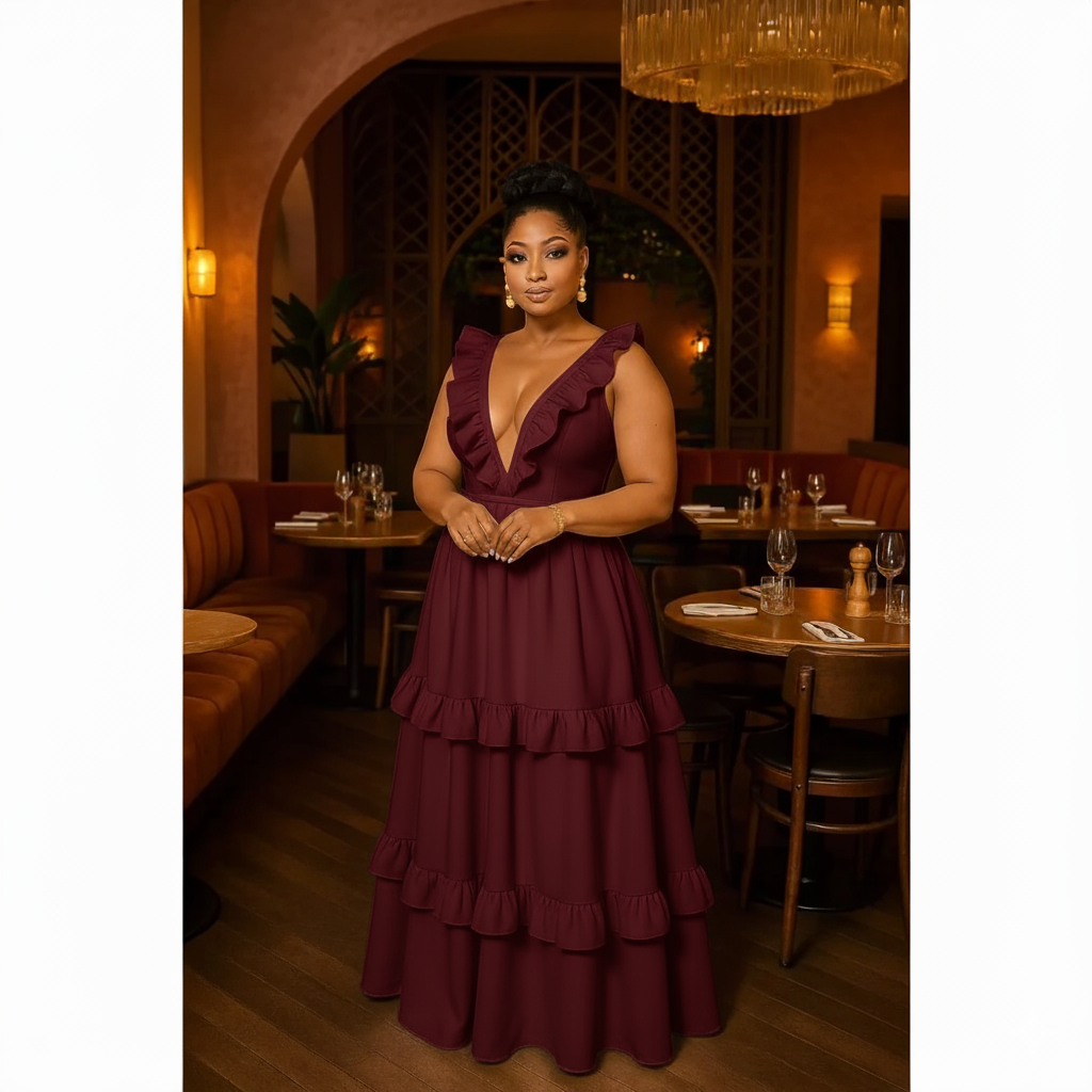 Deep V-neck Sleeveless Ruffle Maxi Dress