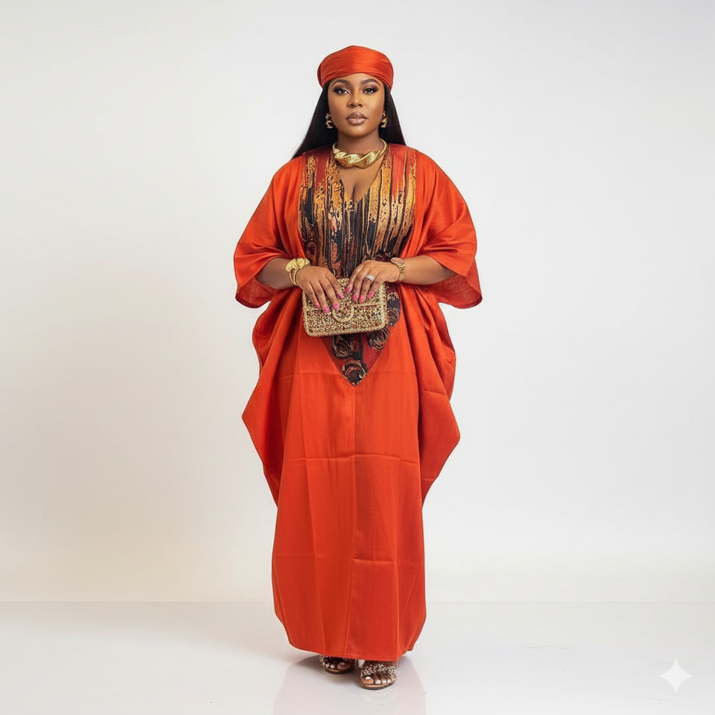 Woman in an orange traditional outfit with gold accents on a white background