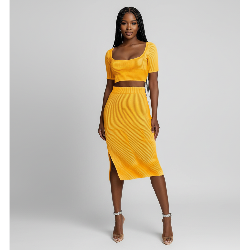 Woman wearing a yellow two-piece outfit on a gray background