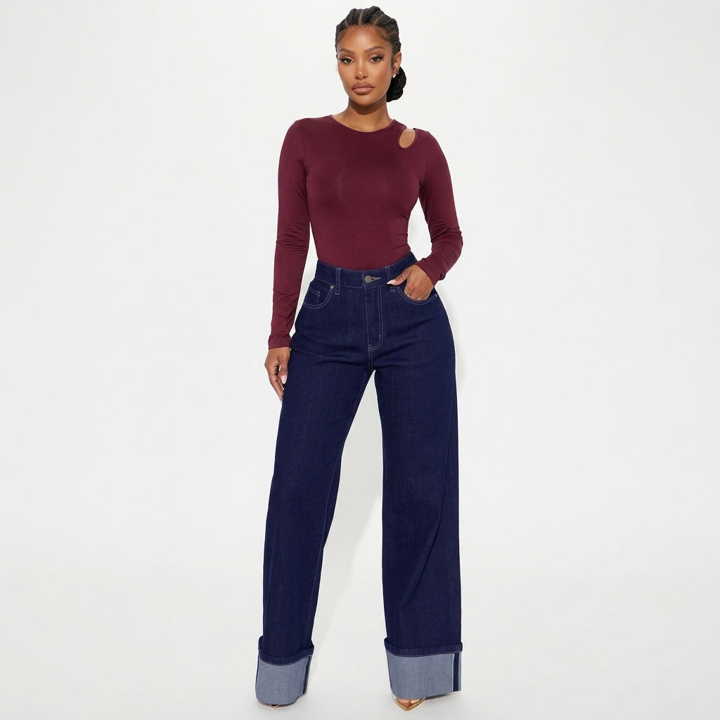 Women's High-Waisted Wide-Leg Jeans with Turned-Up Cuffs