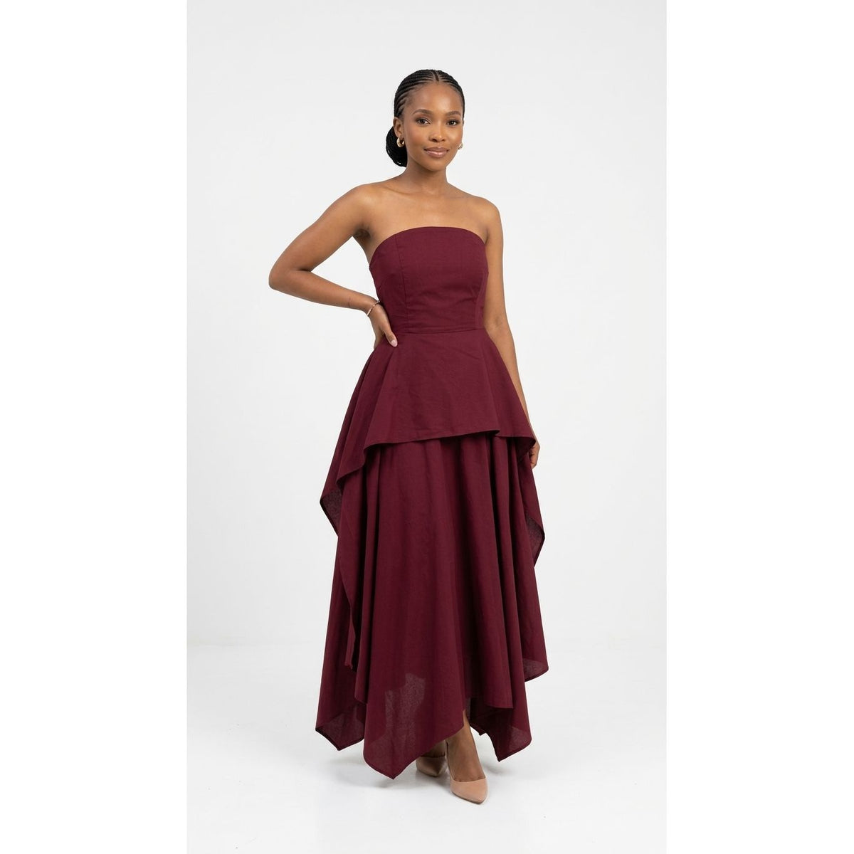 Strapless Peplum Maxi Dress with Asymmetric Hem