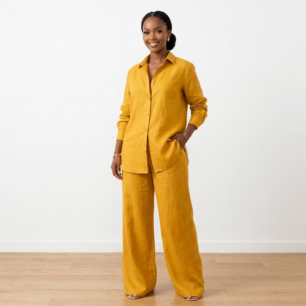 Women's Two-Piece Button-Up Shirt & Wide-Leg Trouser Set