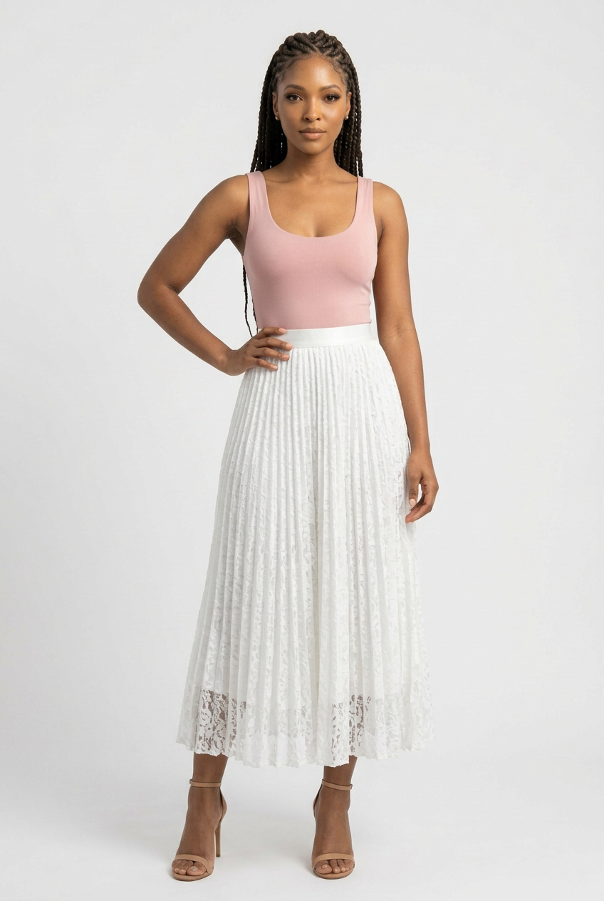 High-Waisted Pleated Lace Midi Skirt