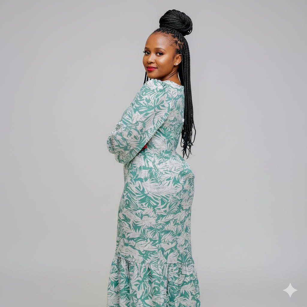 Woman wearing a green and white floral dress against a gray background