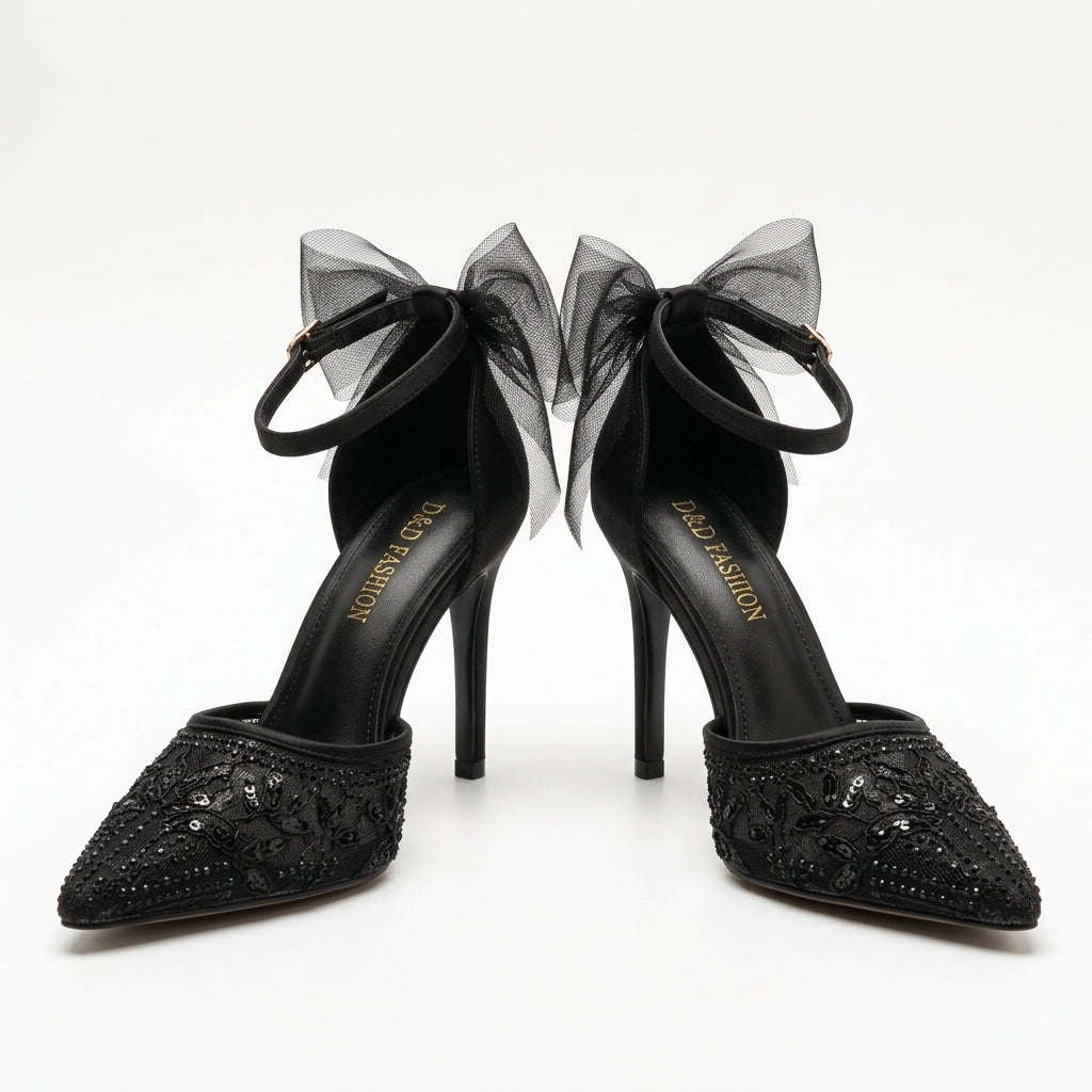 Rhinestone Mesh Stiletto Heels with Ankle Bow