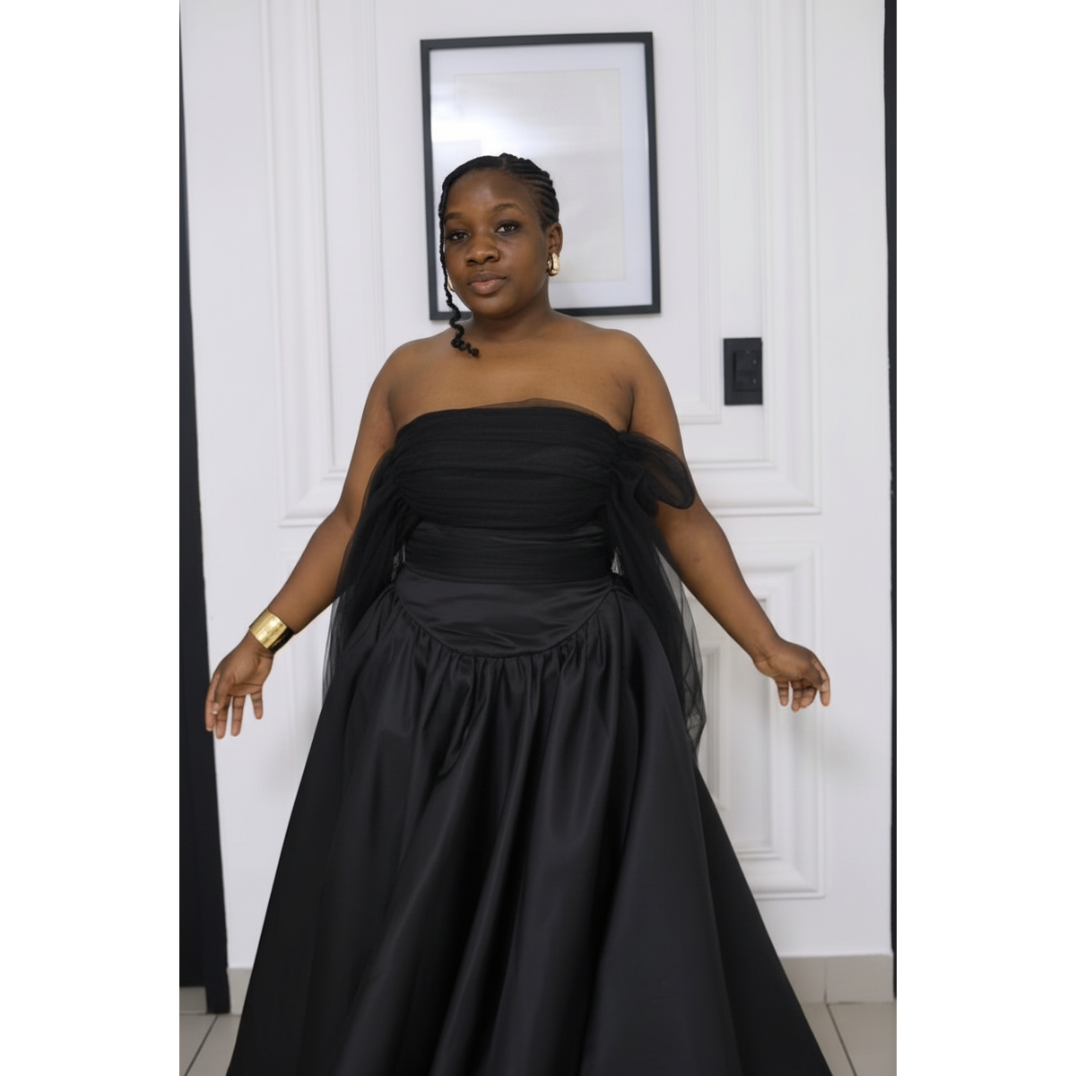 Midnight Elegance Off-Shoulder Maxi Dress