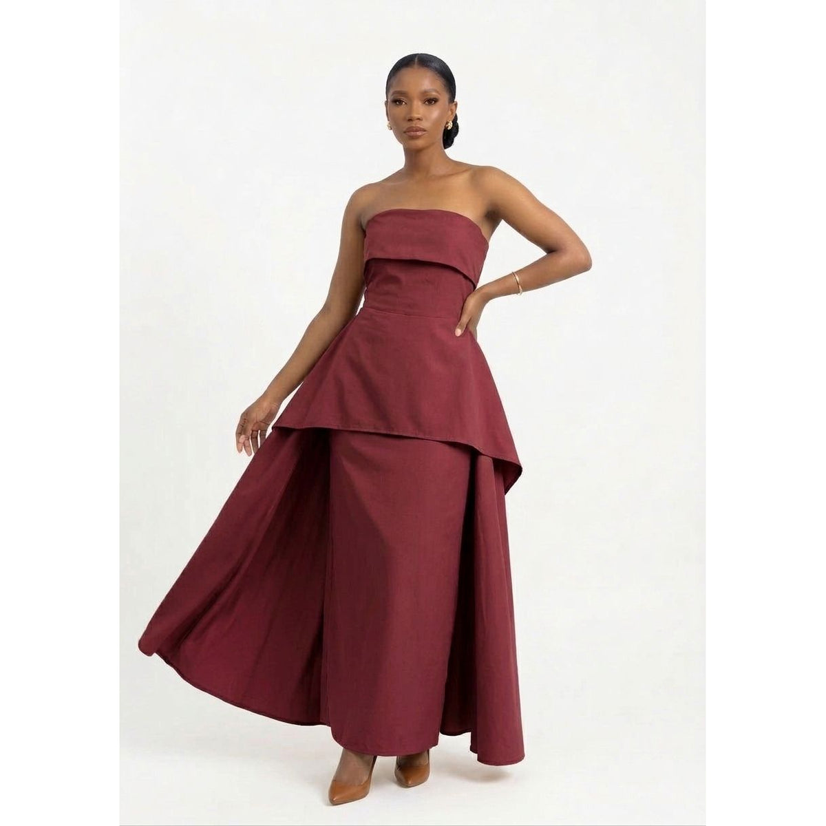 Strapless Peplum Maxi Dress with Asymmetric Hem