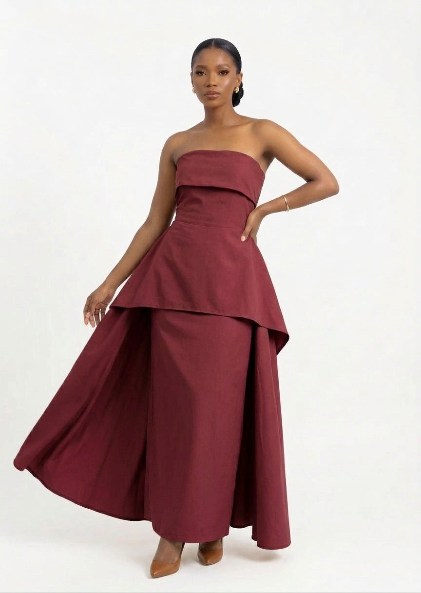 Strapless Peplum Maxi Dress with Asymmetric Hem
