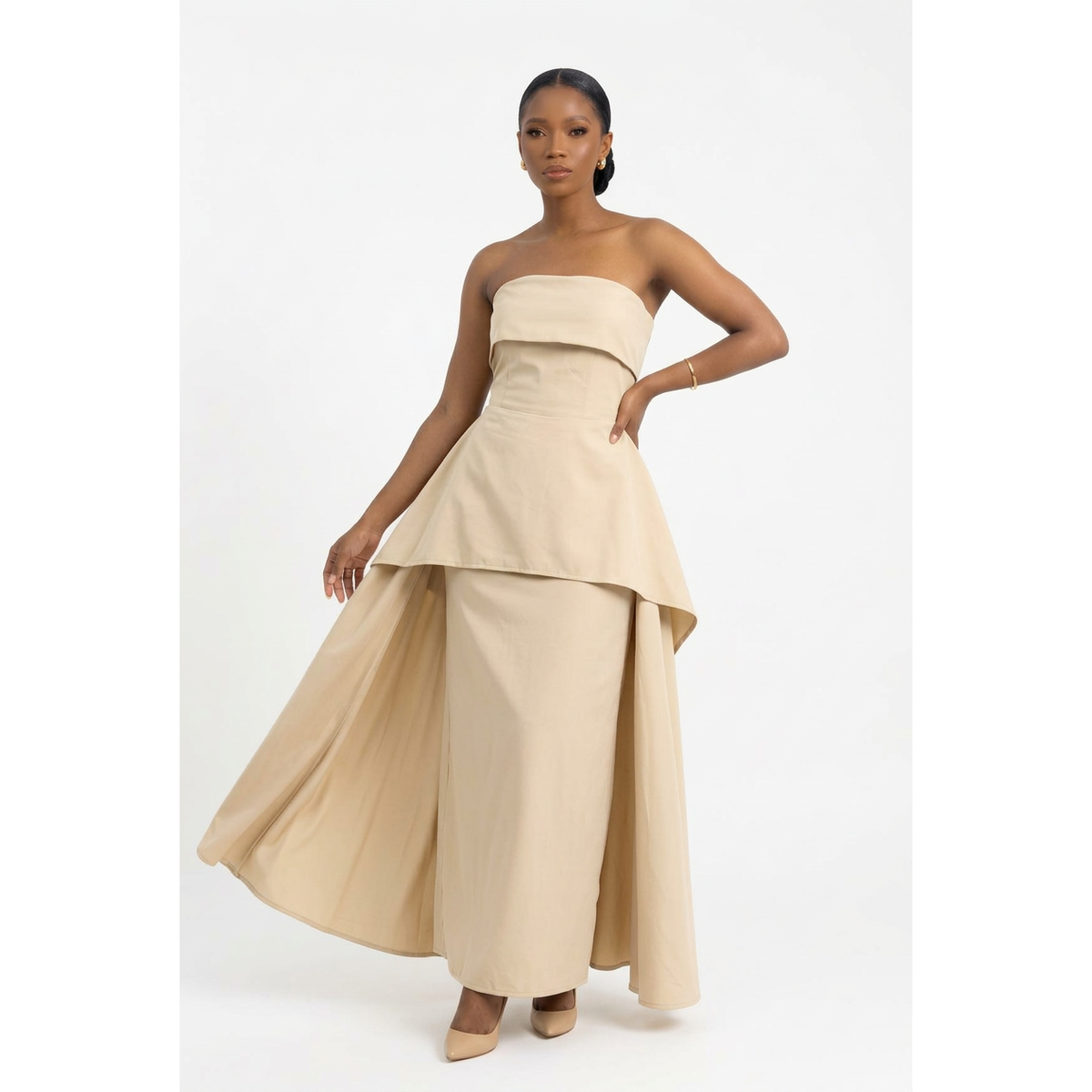 Strapless Peplum Maxi Dress with Asymmetric Hem