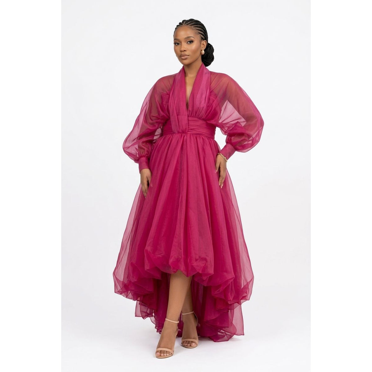 V-Neck Balloon Sleeve High-Low Bubble Hem Dress