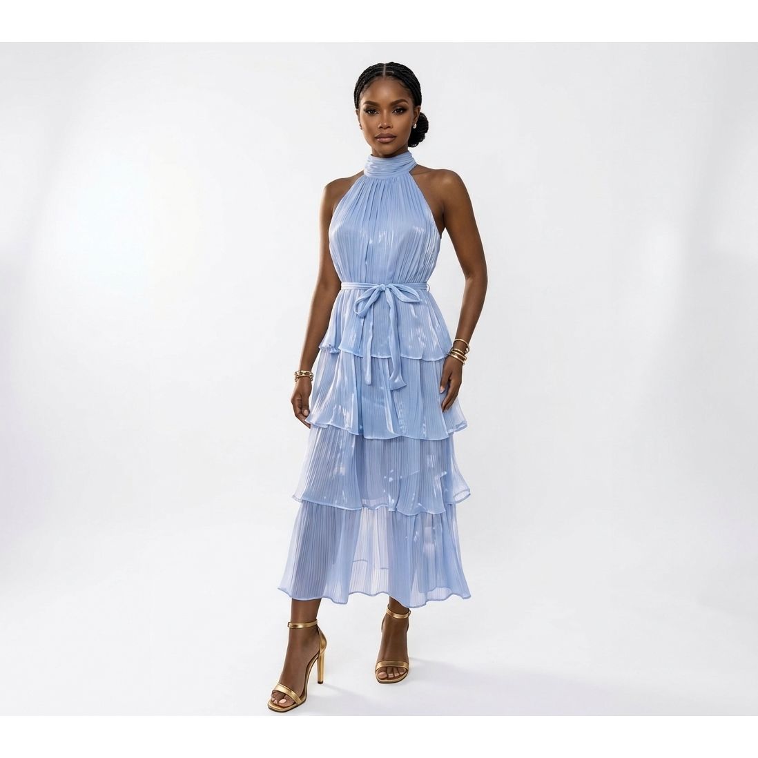 High-Neck Halter Tiered Midi Dress with Tie Waist