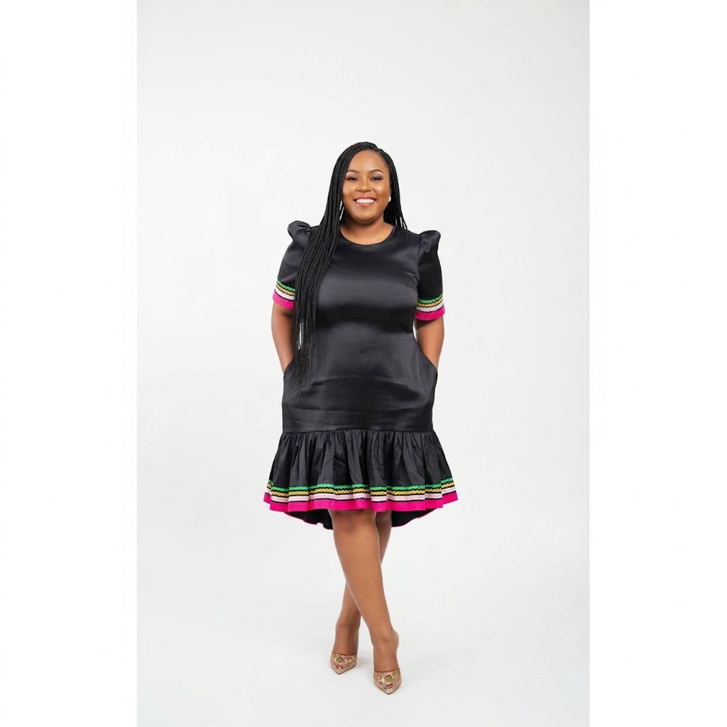 Round-Neck Short-Sleeve Traditional Knee-Length Dress