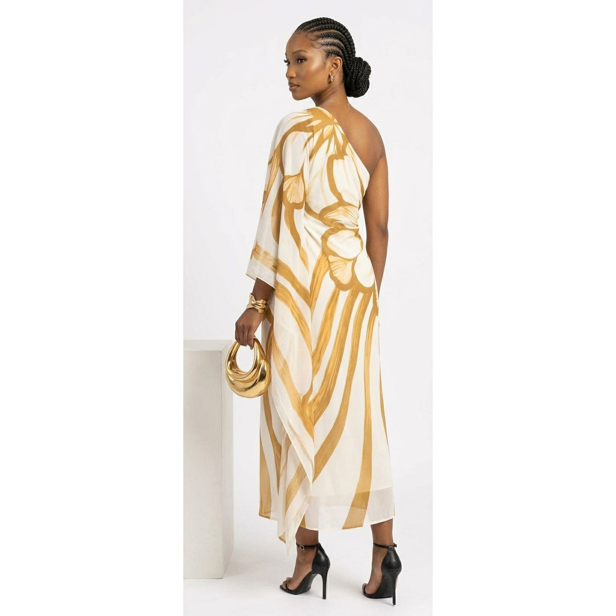 One-Shoulder Ruched Dress with Batwing Sleeves