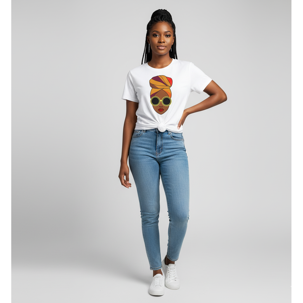 Woman wearing a white t-shirt with a graphic design of a face wearing sunglasses and a colorful headwrap, paired with light blue jeans on a gray background.