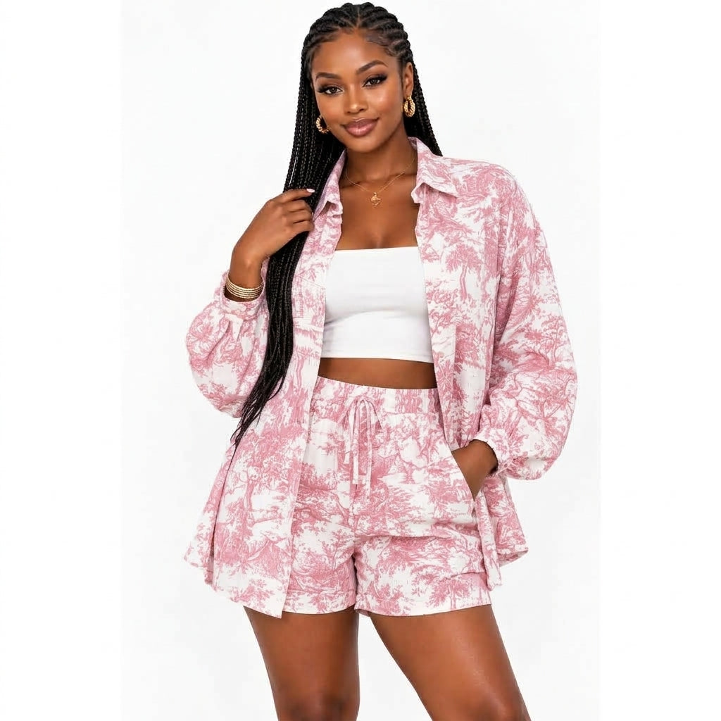 Tropical Print Shirt and Shorts 2-Piece Set