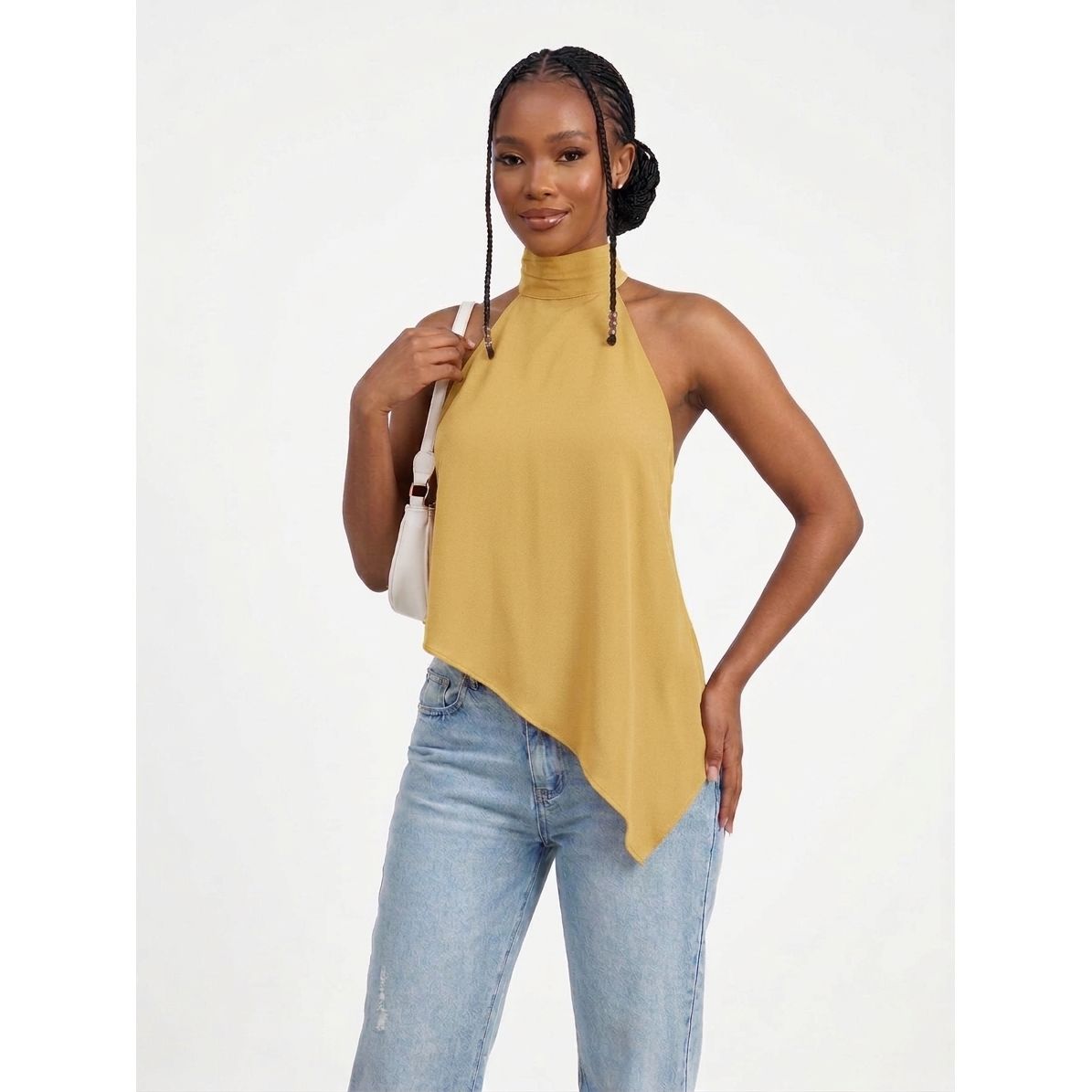 High-Neck Halter Top with Asymmetric Hem