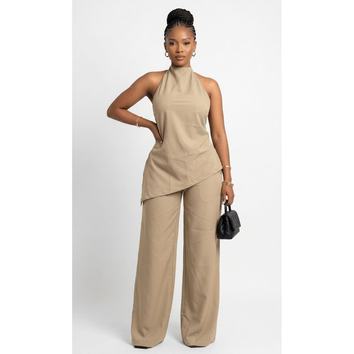 Asymmetric Halter Top and Wide-Leg Trousers Two-Piece Set