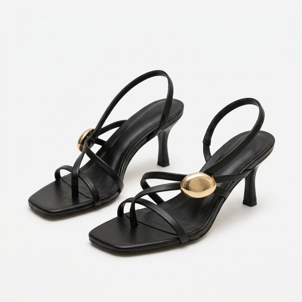 Women's Square-Toe Strappy Heel Sandals with Metallic Detail