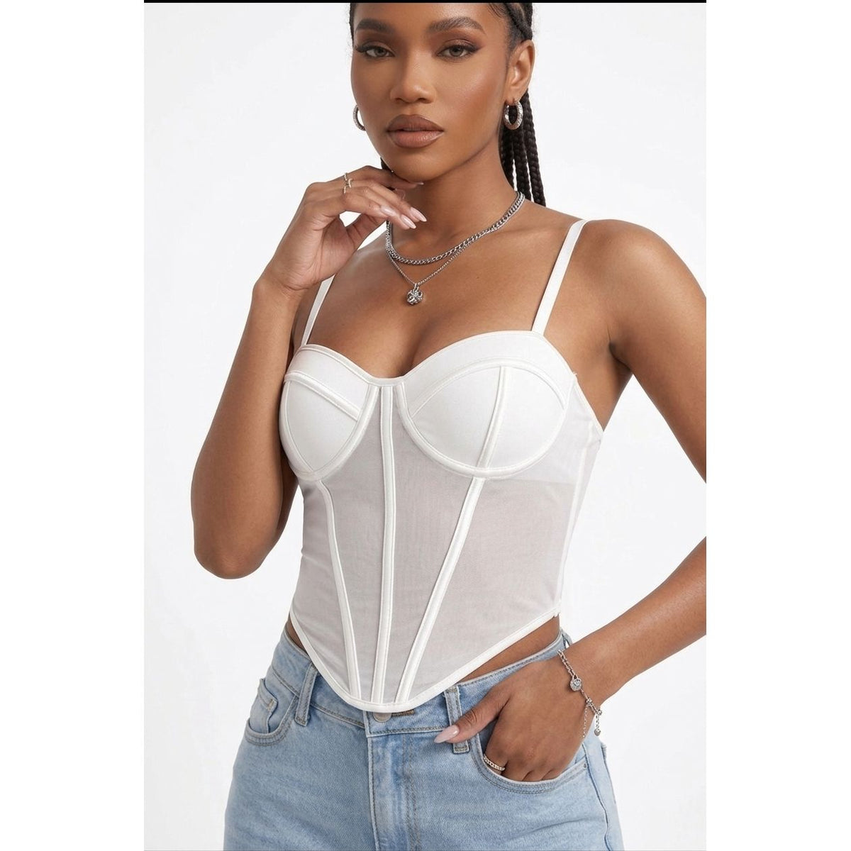 Mesh Panel Boned Corset Cami Top