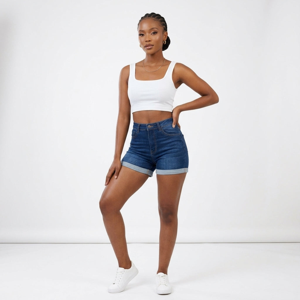 High-Waisted Turn-Up Hem Denim Shorts