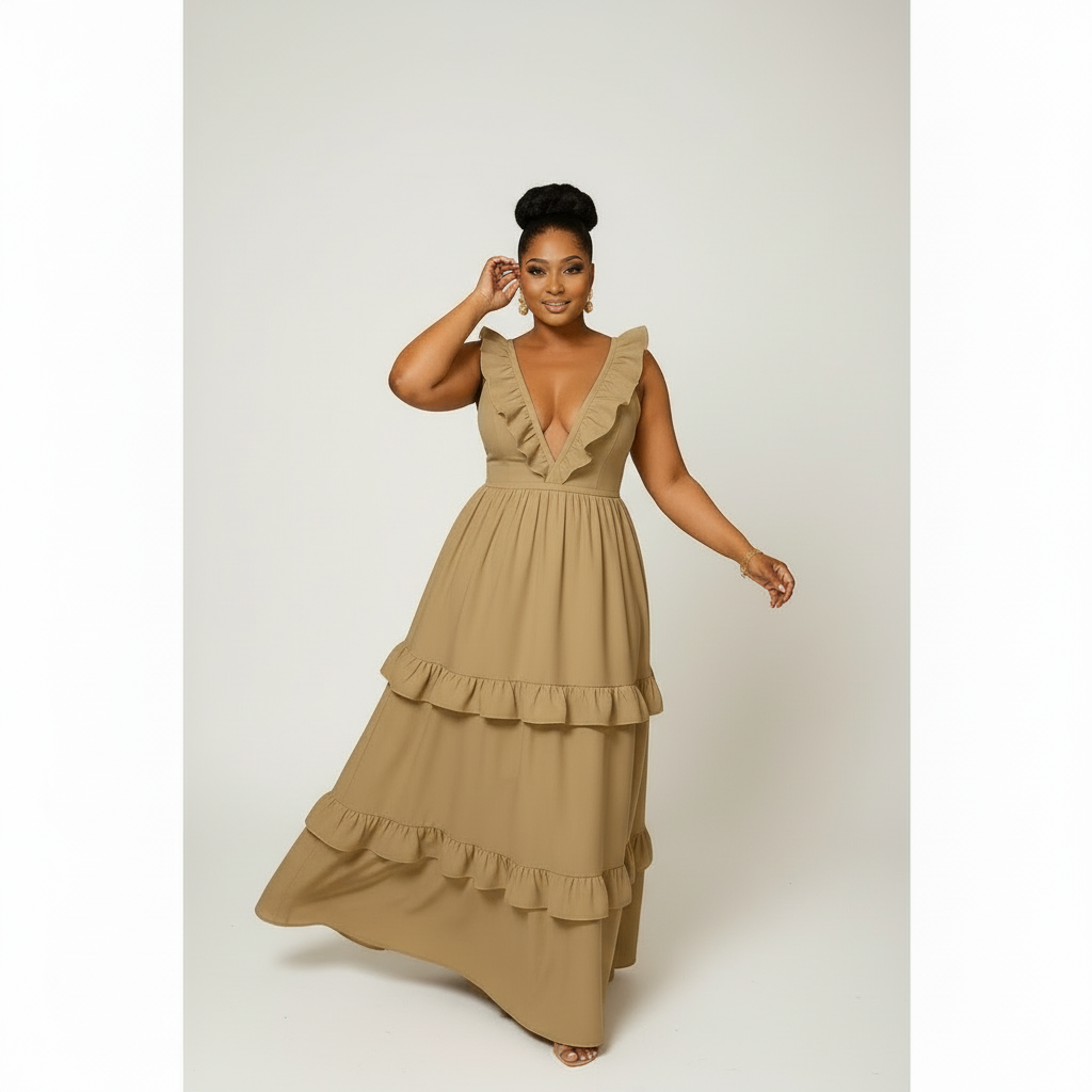 Deep V-neck Sleeveless Ruffle Maxi Dress