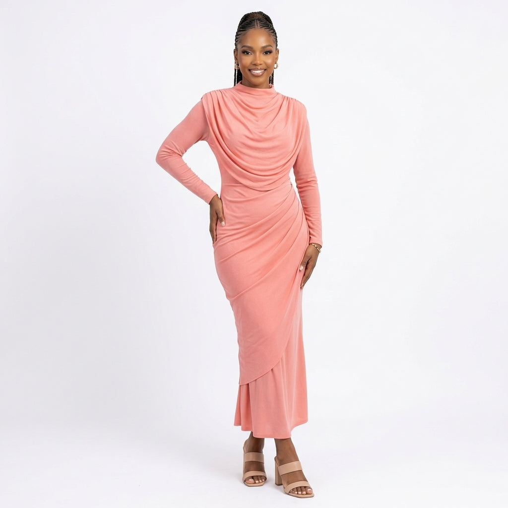 Long-Sleeve Cowl-Neck Ruched Mermaid Dress