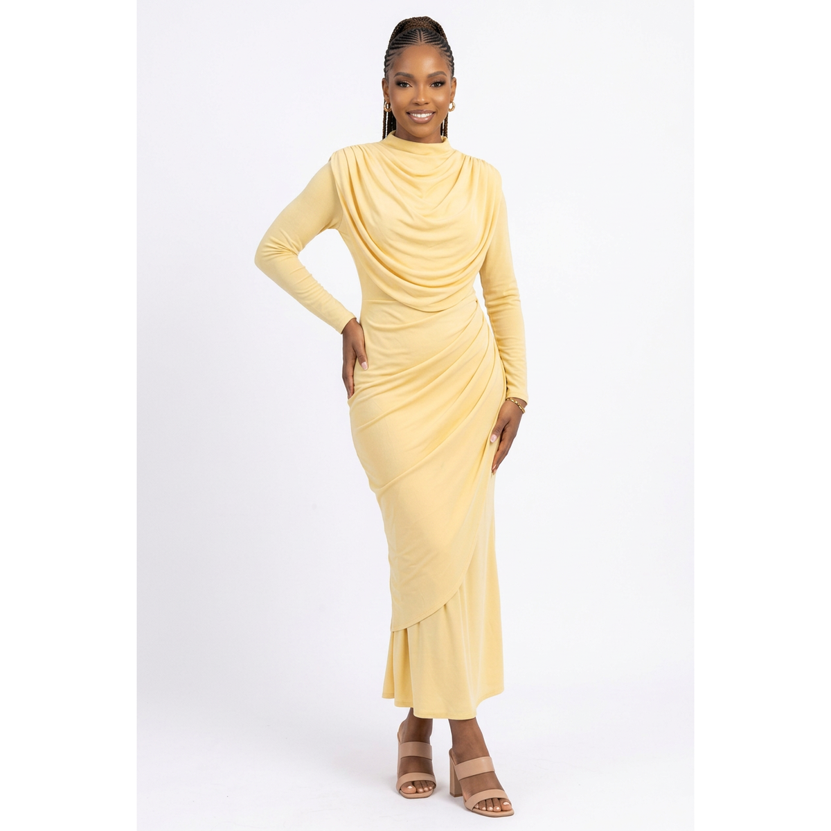 Long-Sleeve Cowl-Neck Ruched Mermaid Dress