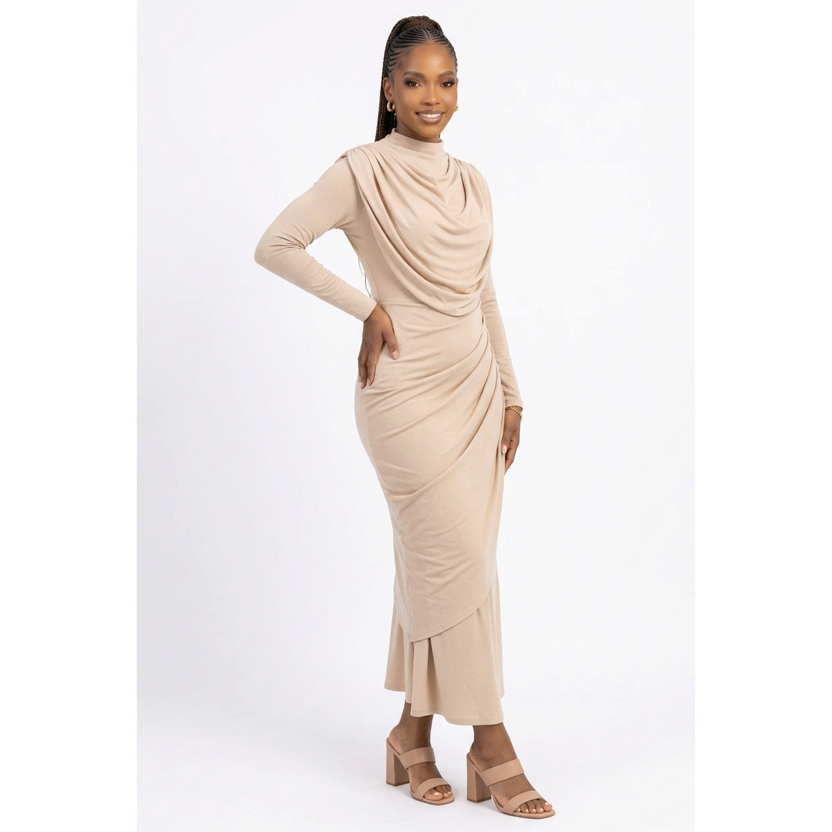 Long-Sleeve Cowl-Neck Ruched Mermaid Dress