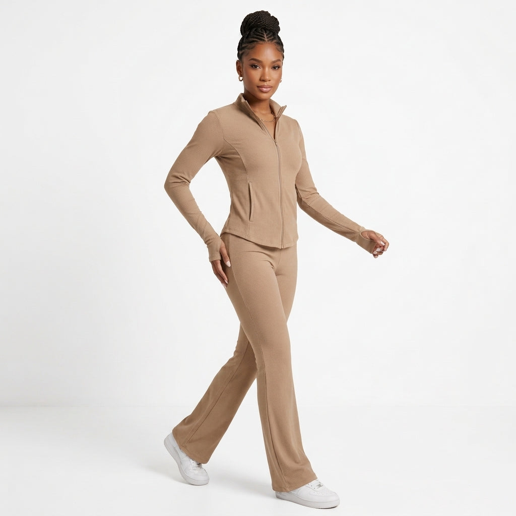 Women's Silky-Feel Jacket & Flared Pants Two-Piece Set