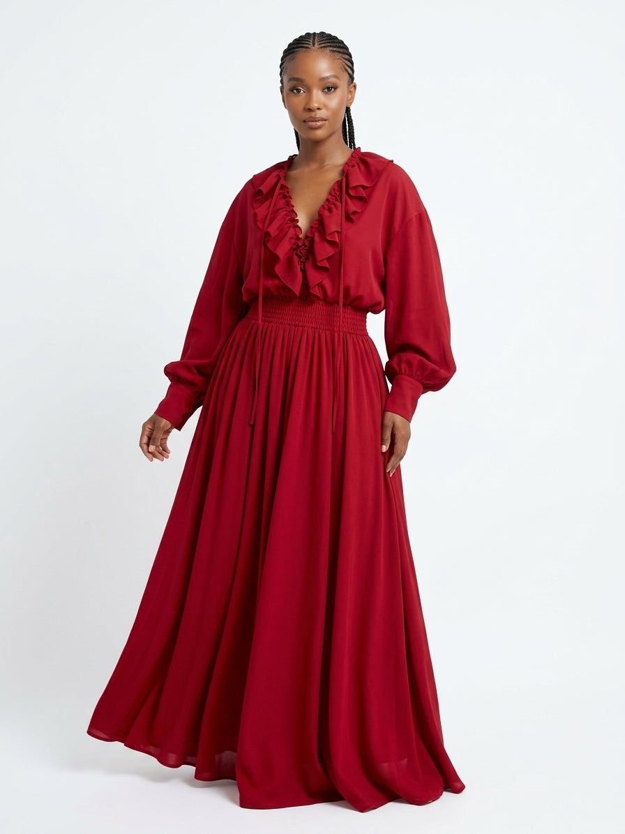 Lace-Detail Ruffled Chiffon Top and Skirt Set