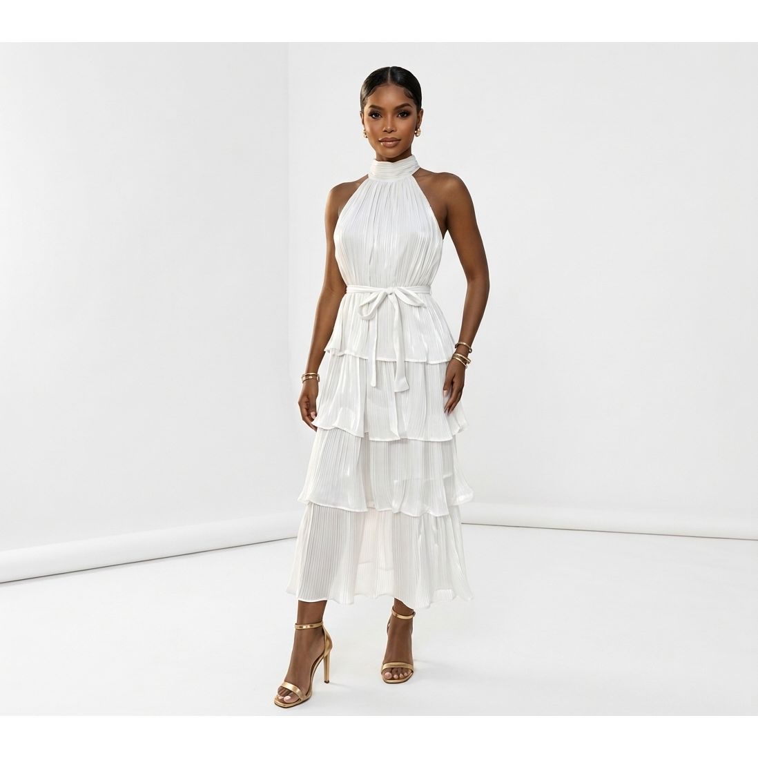 High-Neck Halter Tiered Midi Dress with Tie Waist