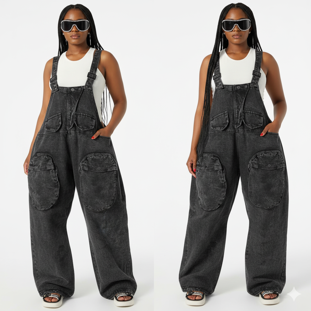 Big Pockets Loose Dungaree Denim Jumpsuit