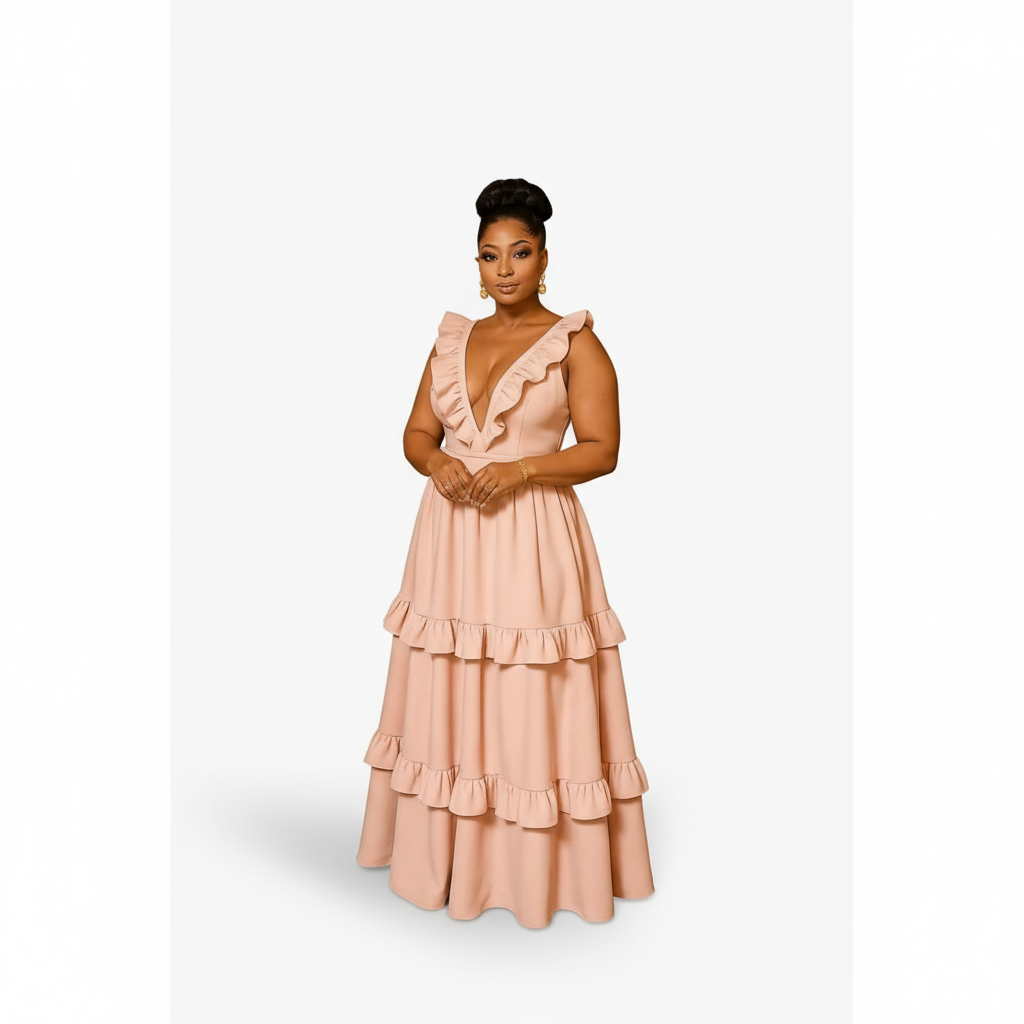 Woman wearing a peach ruffled dress on a white background